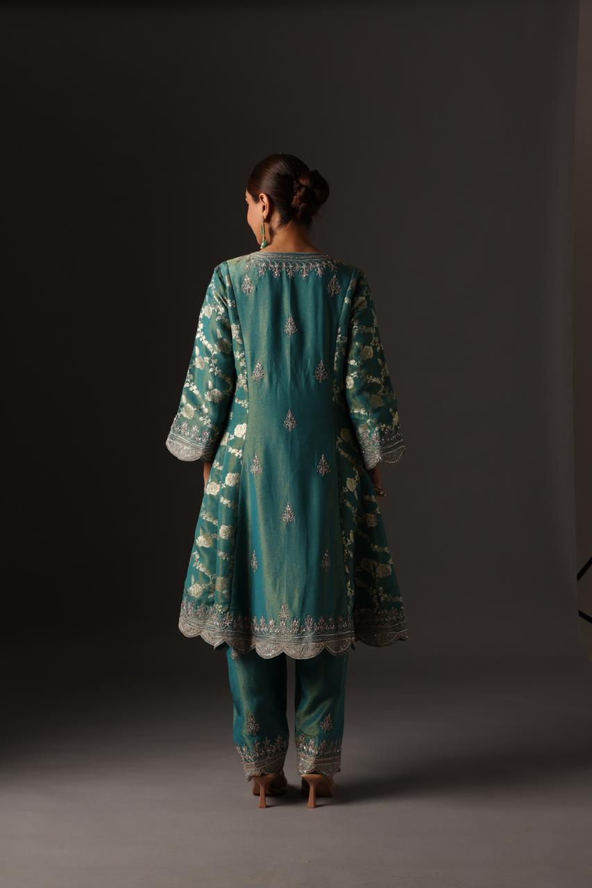 Teal Blue Embroidered Suit Set