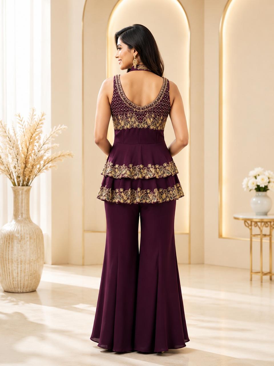 Royal Plum Embroidered Peplum & Sharara Set