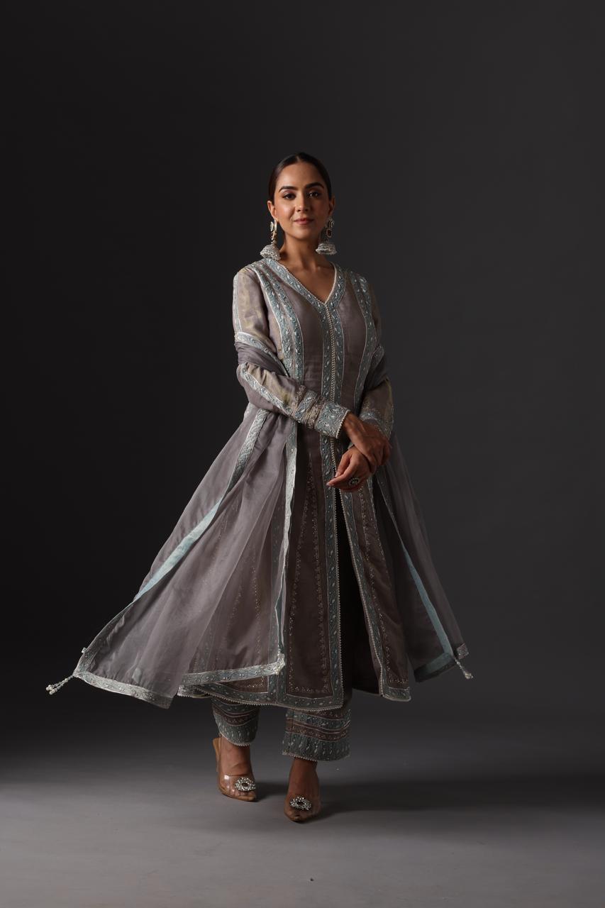 Moonstone Grey Tissue Straight Suit Set
