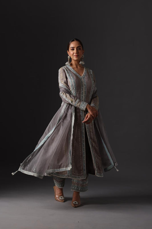 Moonstone Grey Tissue Straight Suit Set