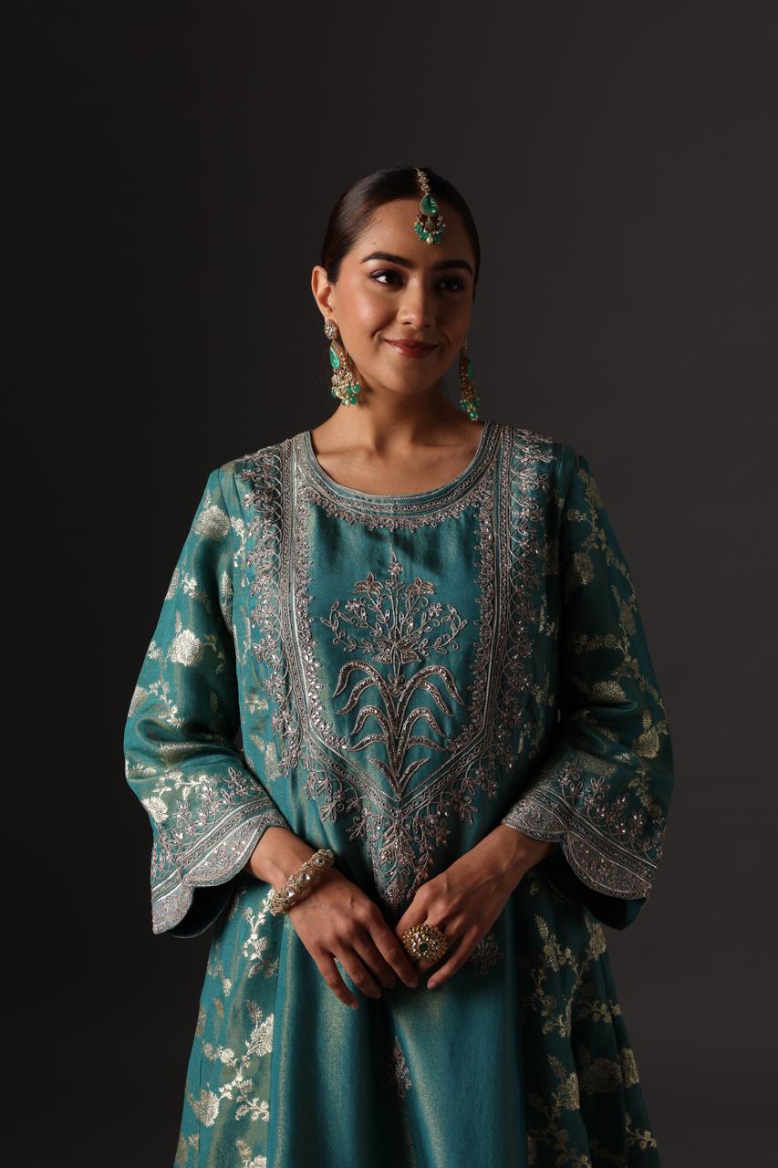 Teal Blue Embroidered Suit Set