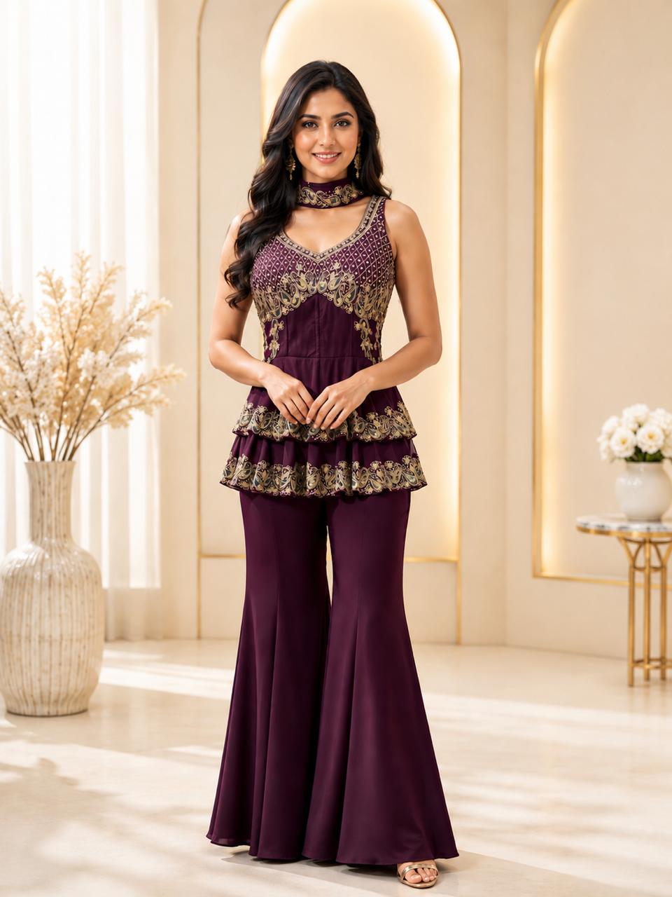 Royal Plum Embroidered Peplum & Sharara Set