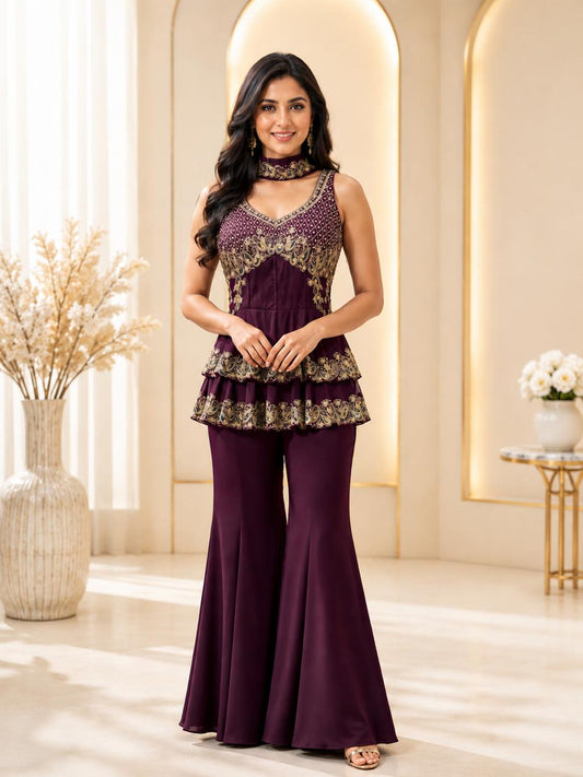 Royal Plum Embroidered Peplum & Sharara Set