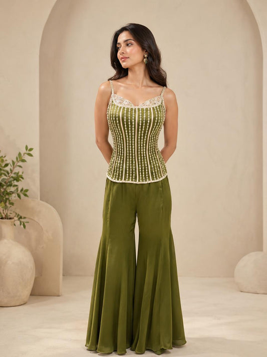 Olive Embroidered Corset Set