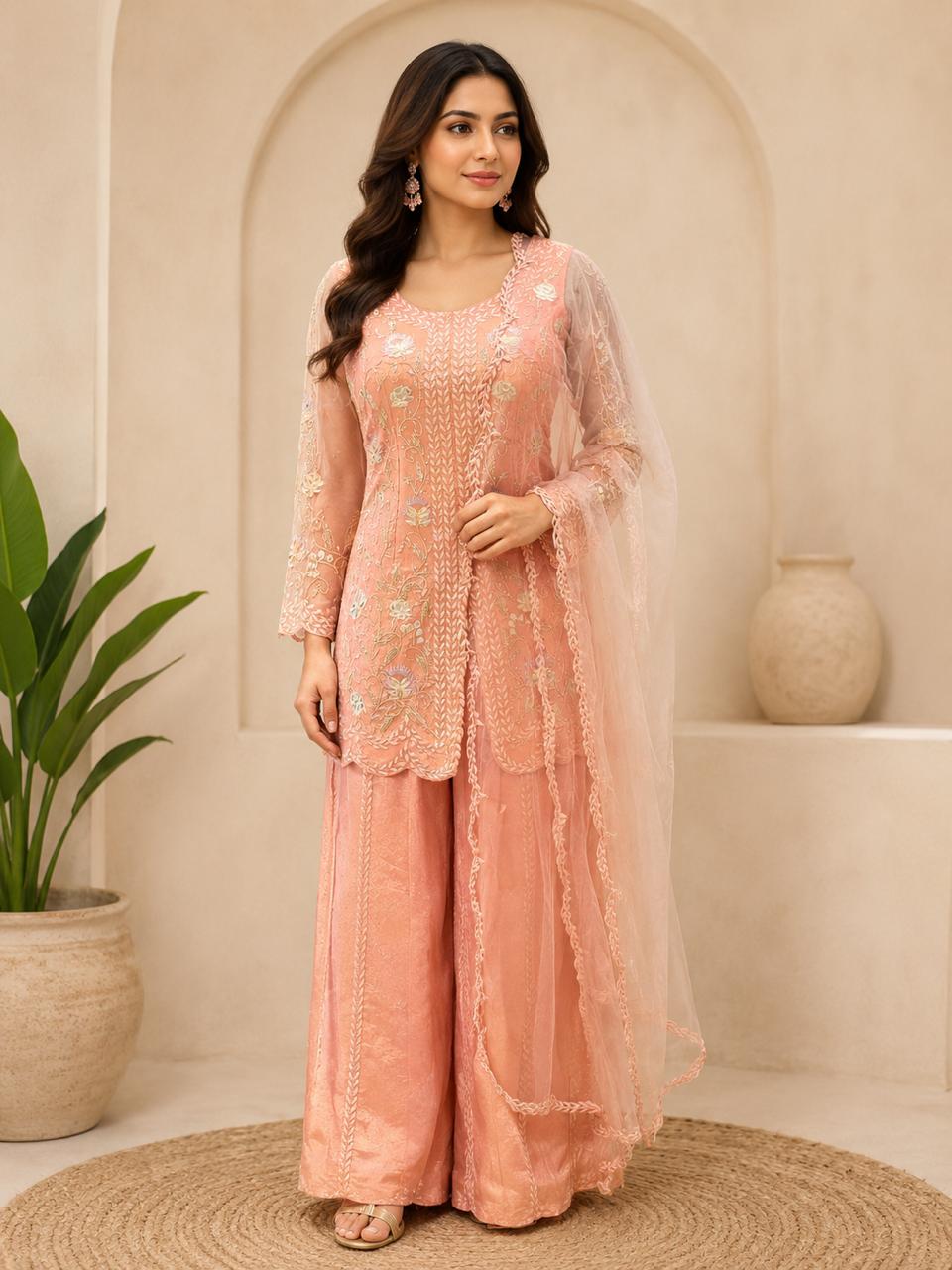 Blush Pink Embroidered Sharara Set