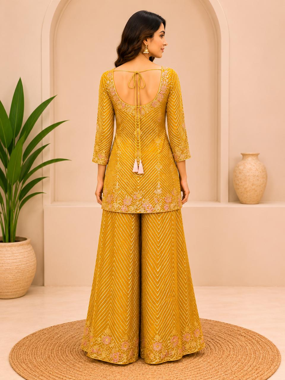 Mustard Embroidered Sharara Set
