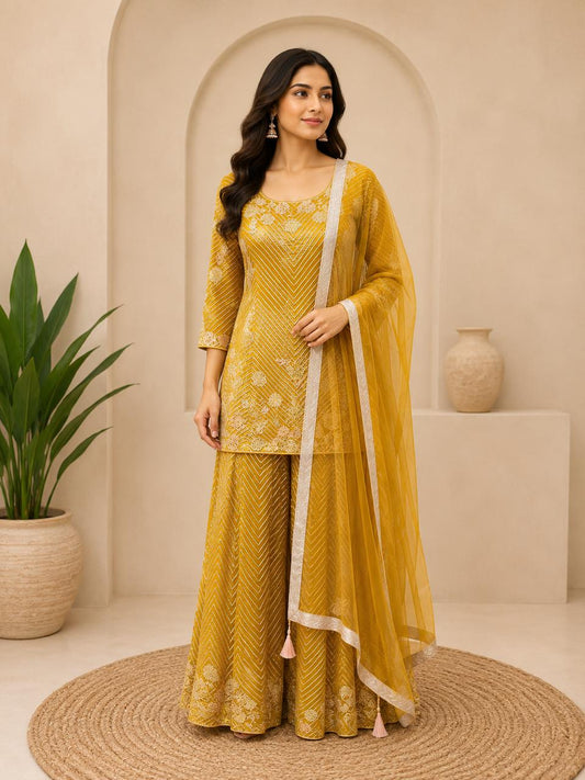 Mustard Embroidered Sharara Set
