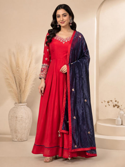 Red Anarkali Set with Embroidered Dupatta
