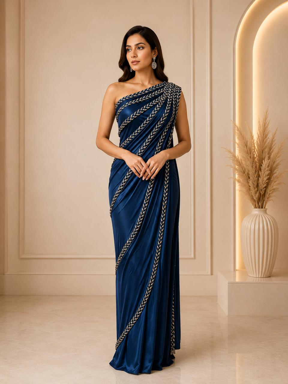 Teal Blue Lycra Drape saree