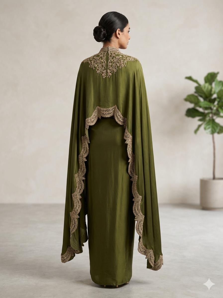 Olive Cape Draped Ensemble