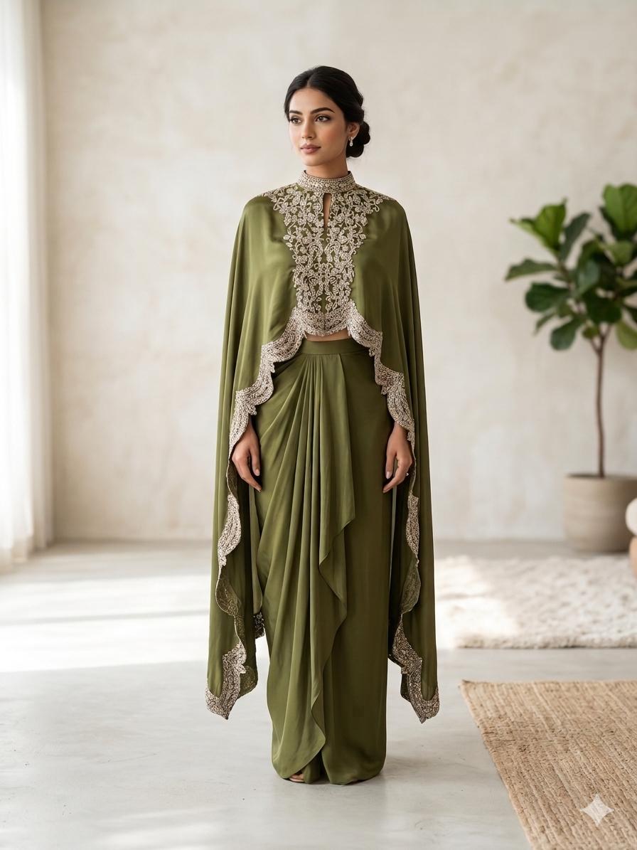 Olive Cape Draped Ensemble