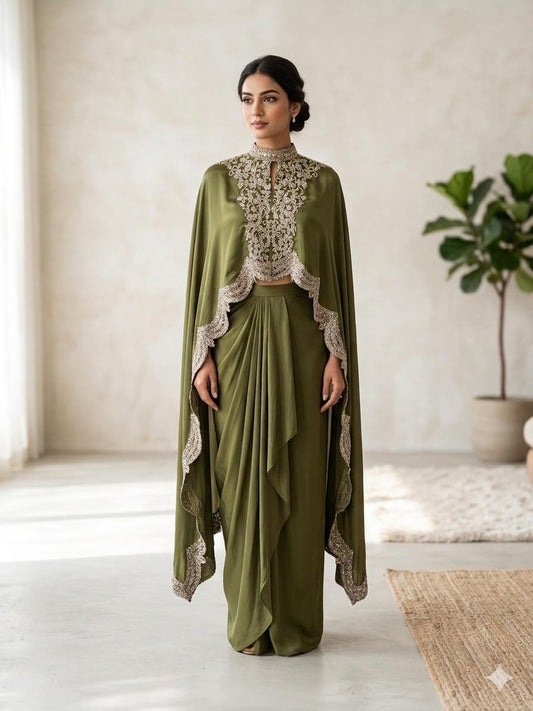 Olive Cape Draped Ensemble