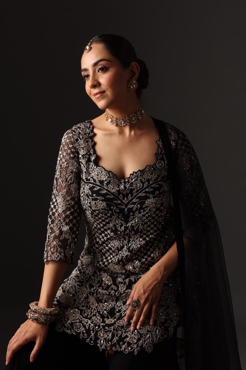 Midnight Black Embroidered Sharara Set