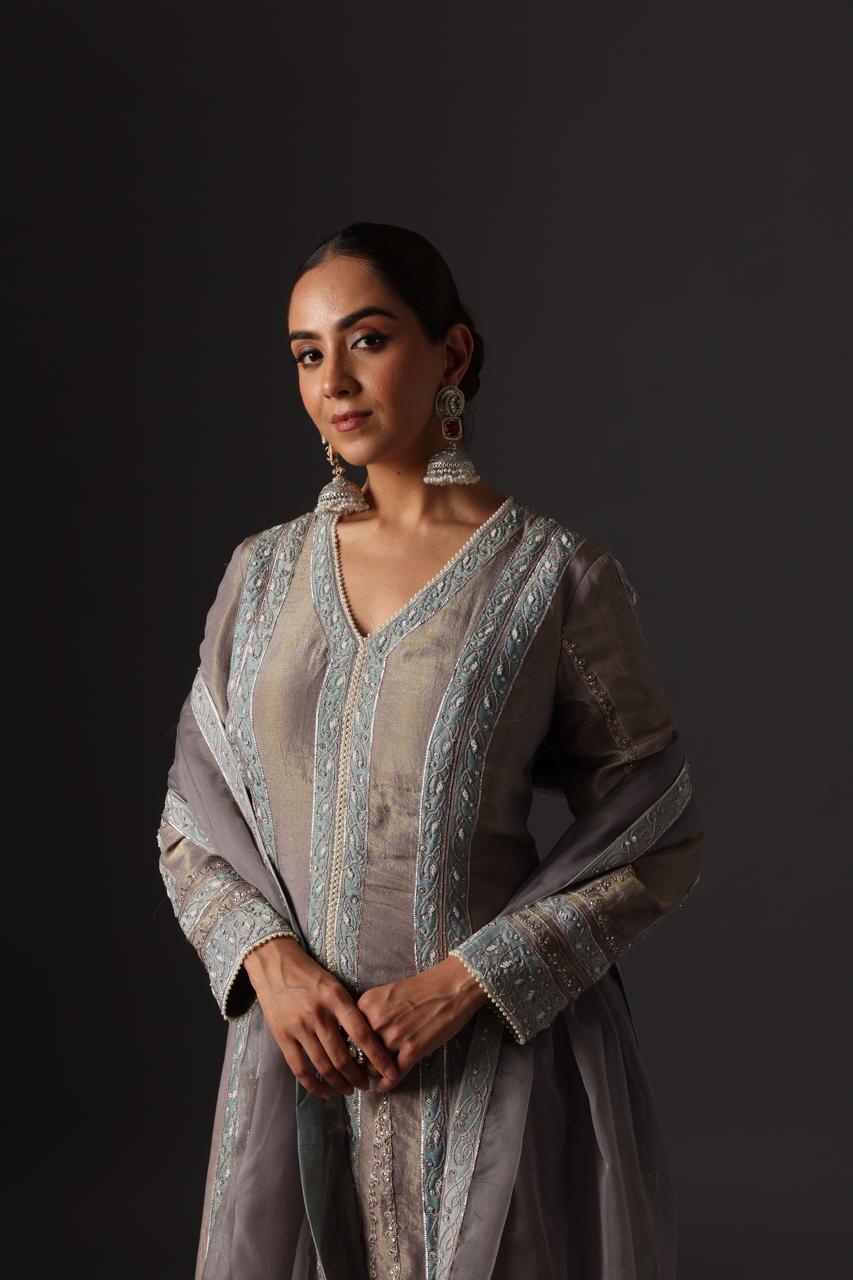 Moonstone Grey Tissue Straight Suit Set