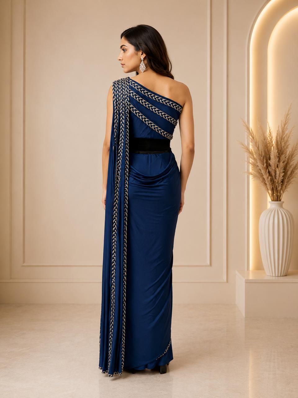 Teal Blue Lycra Drape saree