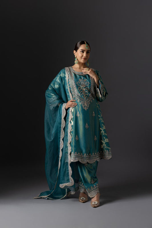 Teal Blue Embroidered Suit Set