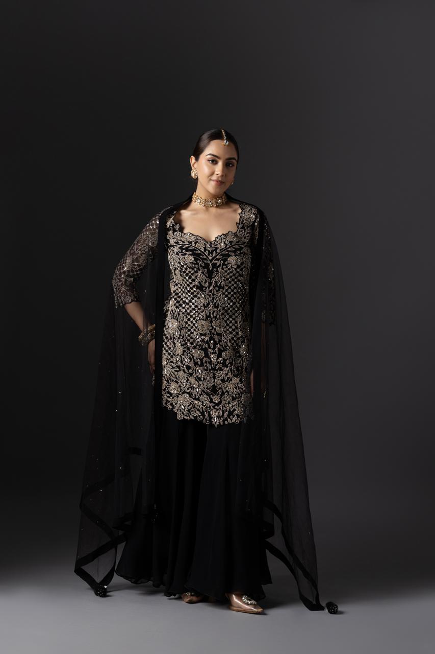 Midnight Black Embroidered Sharara Set